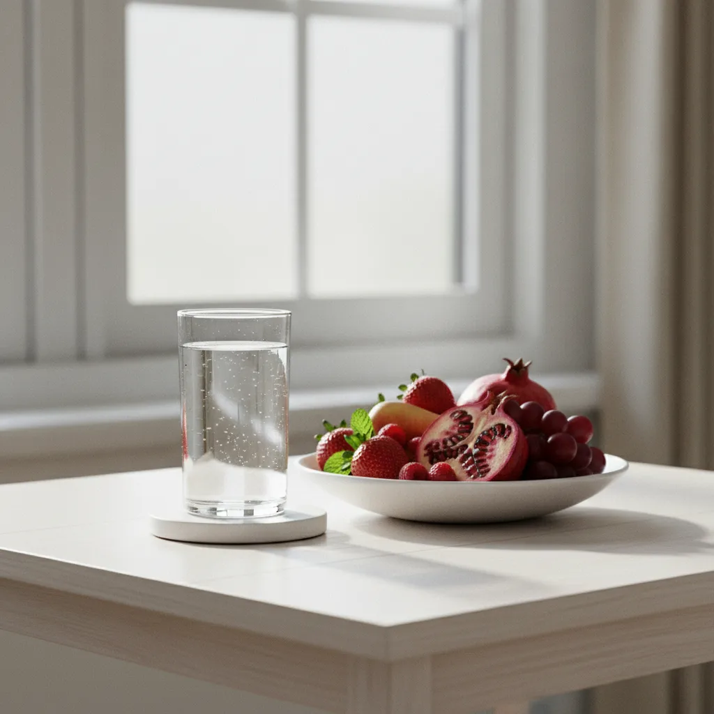 Glas water en een gezond ontbijt op een lichte keukentafel in ochtendlicht
